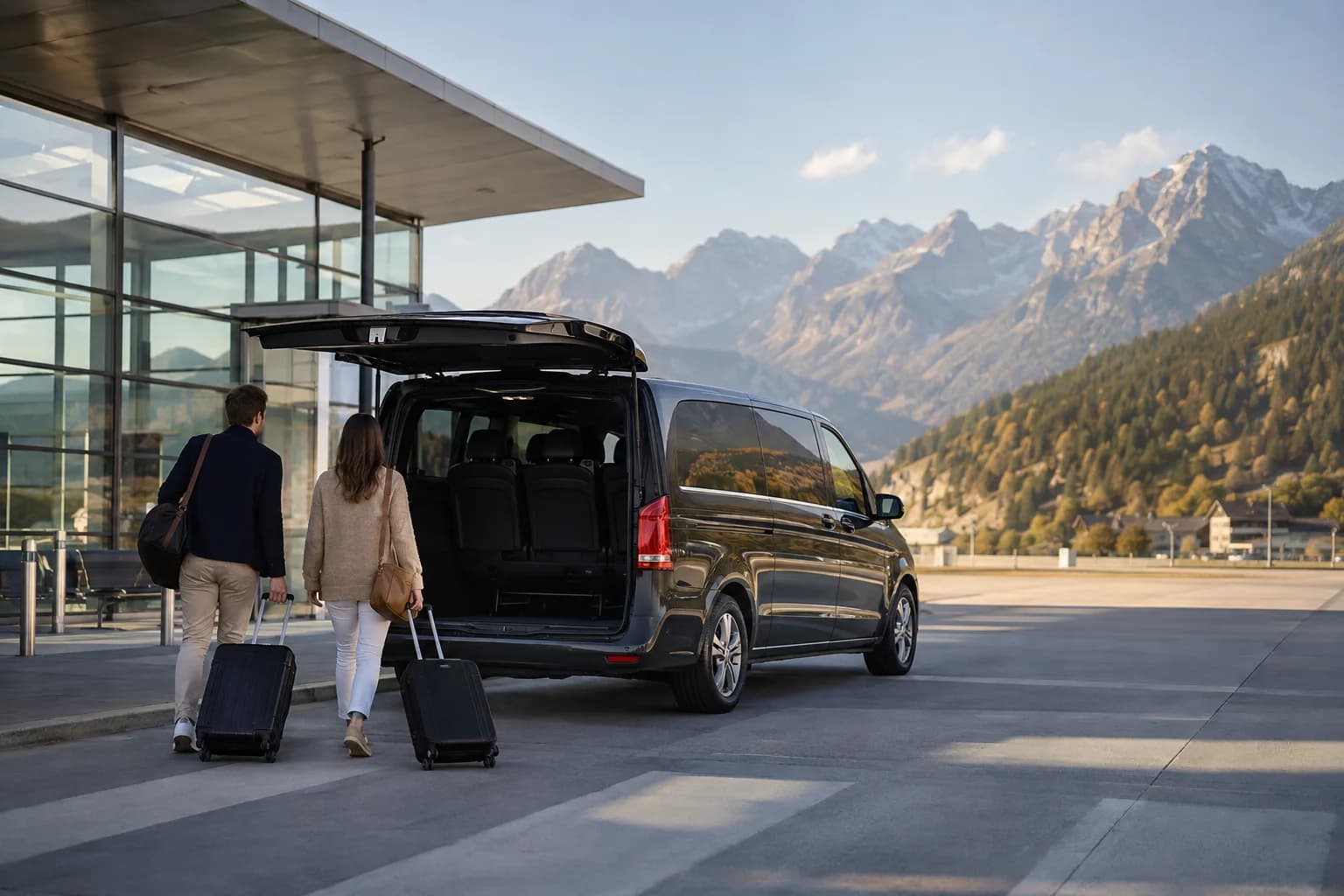 Reisende mit Gepäck auf dem Weg zu einem Transfer-Van vor einem Flughafenterminal in den Alpen.