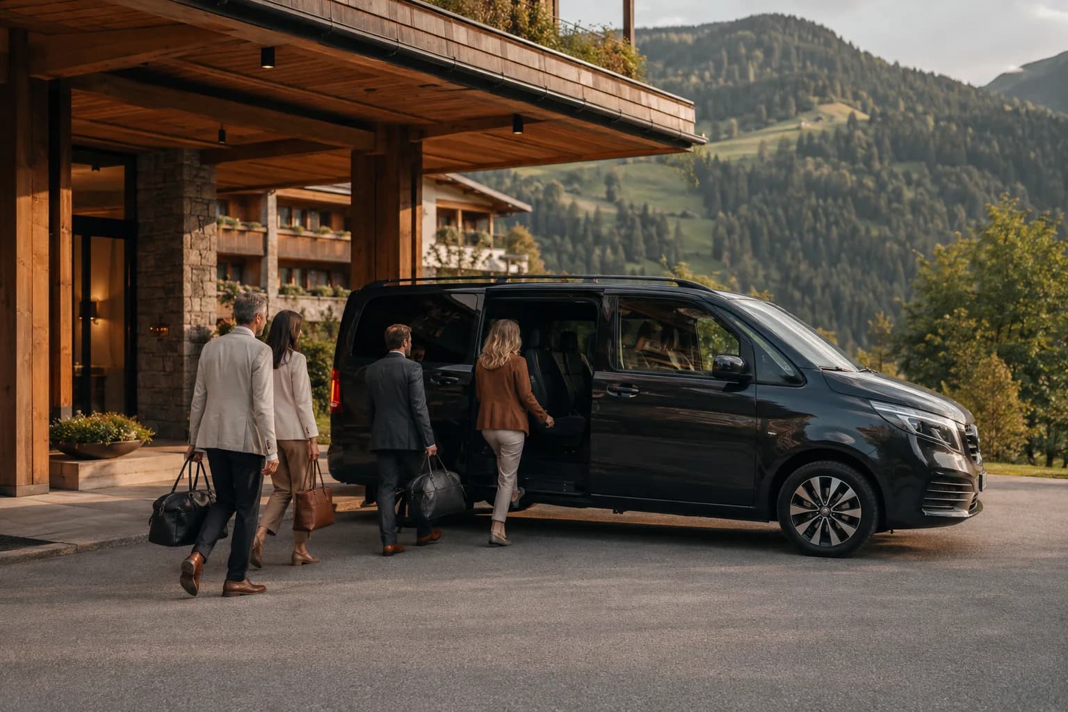 Eine Gruppe von Gästen steigt vor einem Alpenhotel in einen Transfer-Van.