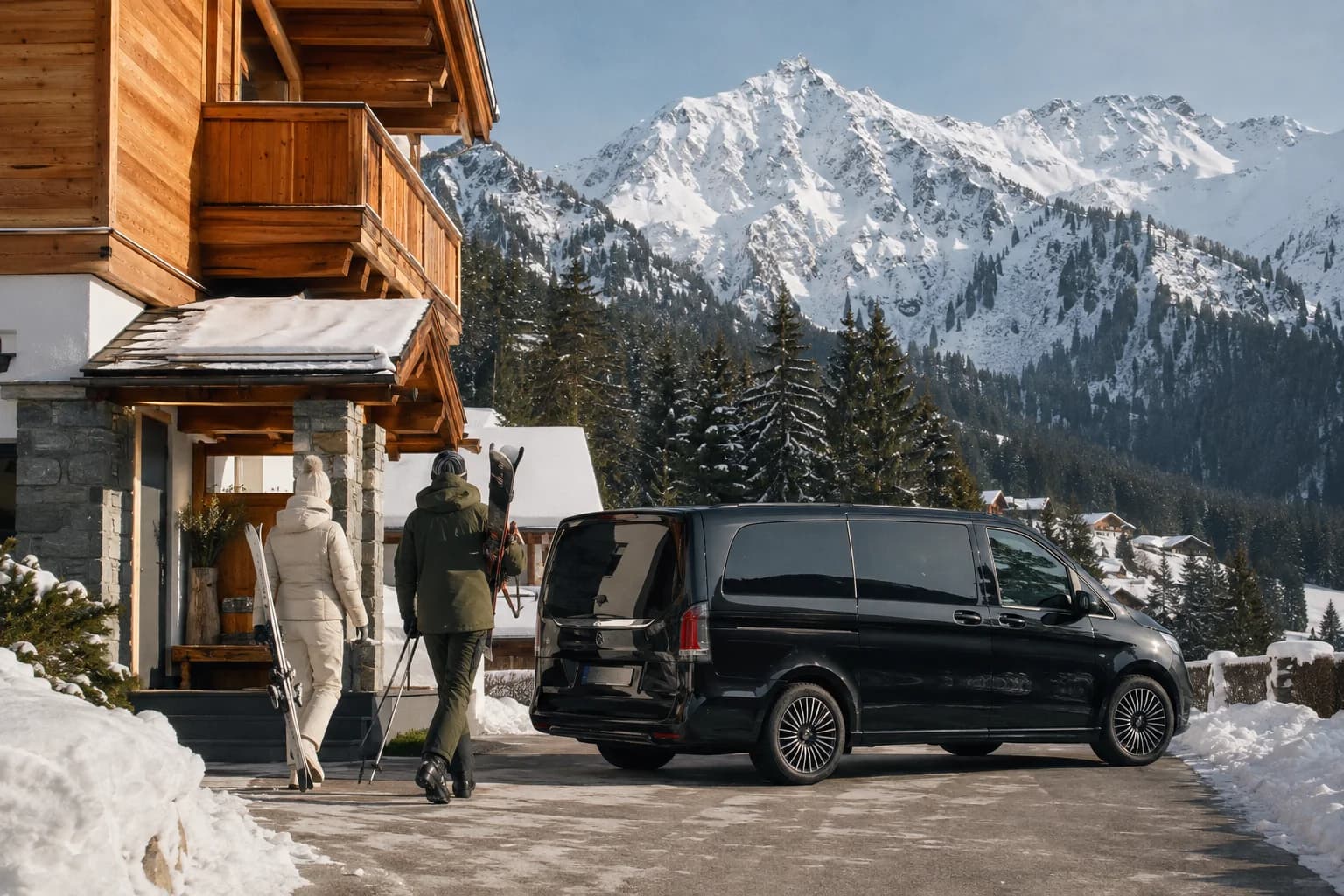 Skireisende kommen mit einem Van an einem Chalet in den verschneiten Alpen an.